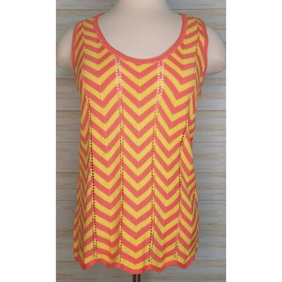 Trina Turk Zigzag Knit Tank Top - Coral Pink & Yellow Chevron Stripes Sleeveless - Picture 1 of 8